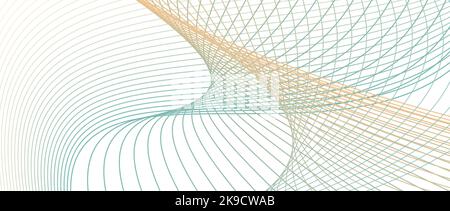 Turquoise green, orange dynamic line art pattern. Abstract watermark design. Technology banner background. Wavy thin line. Vector subtle curves. EPS10 Stock Vector