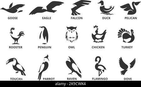 Negative space bird. Wild eagle and falcon, raven silhouette and owl emblem. Different birds symbol icons vector set Stock Vector