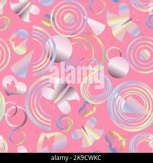 seamless pattern with multicolored hearts, circles and butterflies without a background, made with a gradient Stock Vector