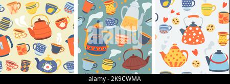 Teapots and cups pattern. Vintage teacups, decorative kettles and kitchen crockery seamless vector backgrounds set Stock Vector