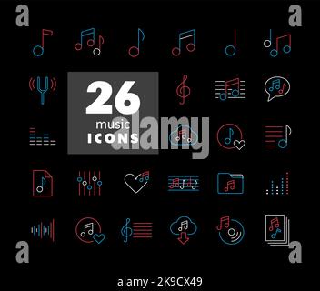 Music notes vector on black background icons set. Graph symbol for music and sound web site and apps design, logo, app, UI Stock Vector