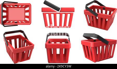 Shopping basket. Empty shopping cart with handle, supermarket shopping and buy icon isolated vector 3D illustration set Stock Vector