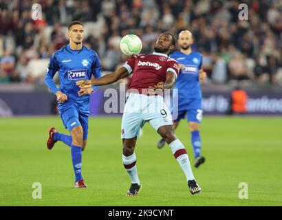 London, UK. 27th Oct, 2022. West Ham United's Michail Antonio spotduring the UEFA Europa Conference League Group B soccer match between West Ham United and Silkeborg IF at London Stadium in London, Britain, 27th October 2022. Credit: Action Foto Sport/Alamy Live News