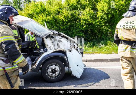 Samara, Russia - July 11, 2022: Car crash accident on the highway, damaged automobile after collision in city Stock Photo
