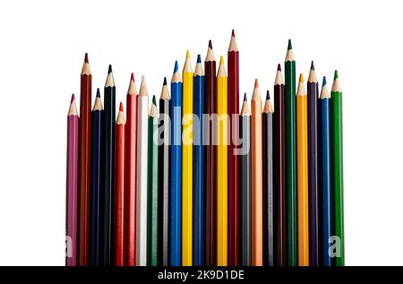 Different colored pencils, coloured supplies in row isolated on white background. High quality photo Stock Photo