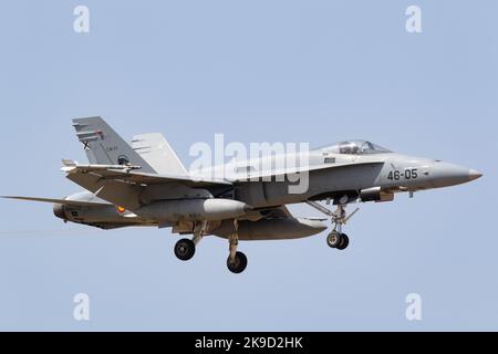 An F-18 Hornet of Ala 46 coming home after a mission during the SIRIO 22 Exercise. Stock Photo