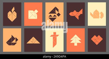 Colorful Posters with ten Tangram vector objects. Stock Vector