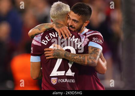 London Stadium, London, UK. 27th Oct, 2022. Europa Conference League football West Ham versus Silkeborg IF: Manuel Lanzini of West Ham United celebrates with Said Benrahma after he scores for 1-0 in the 23rd minute Credit: Action Plus Sports/Alamy Live News Stock Photo