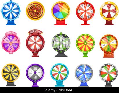Fortune wheels. Lucky chance roulette wheel, spin to win circles and casino game elements vector Illustration set Stock Vector