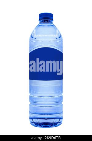 pure still water in blue plastic bottle with an empty label, isolated Stock Photo