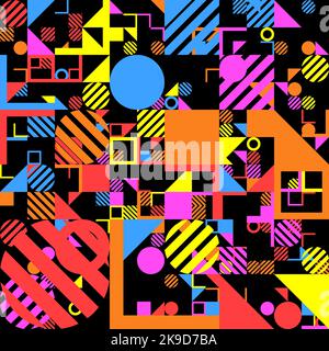 Bright colored shapes seamless pattern.Attractive modern pattern. Squares, lines, grids, triangles, L shapes and circles of different strong colors, t Stock Photo