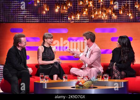 EDITORIAL USE ONLY (left-right) Bono, Taylor Swift, Eddie Redmayne and Alex Scott during filming for the Graham Norton Show at BBC Studioworks 6 Television Centre, Wood Lane, London, to be aired on BBC One on Friday evening. Stock Photo