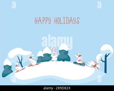 Winter Landscape with Funny Rabbits doing Sports Stock Vector