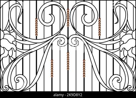 Wrought iron gate and fence.Black metal gate with forged ornaments on a white background.decorated steel vector mansion entrance. Antique vintage Stock Vector