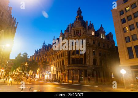 Antwerp, Belgium - August 06, 2022: Baroque buildings and statue of David Teniers the Younger on Leysstraat Stock Photo