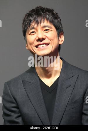 Tokyo, Japan. 27th Oct, 2022. Japanese actor Hidetoshi Nishijima speaks as he attends a presentation of the new transformation belt priced 44,000 yen produced by Japan's toy maker Bandai in Tokyo on Thursday, October 27, 2022. Nishijima performs at a web movie 'Kamen Rider Black Sun' which will be distributed from October 28. Credit: Yoshio Tsunoda/AFLO/Alamy Live News Stock Photo