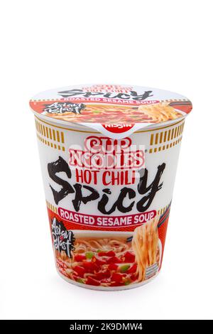 WETZLAR, GERMANY 2022-07-25: Tasty Nissin hot Chili Cup Noodles - Asia Style. Unopened containers of Nissin Cup Noodles Stock Photo