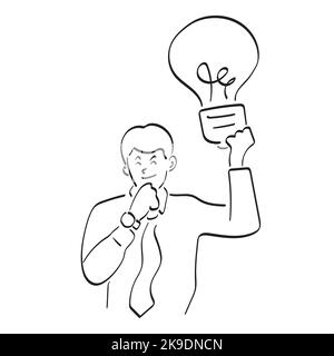 line art businessman holding light bulb illustration vector hand drawn isolated on white background Stock Vector
