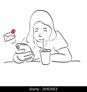 line art woman reading email on her smartphone and drinking iced coffee on table illustration vector hand drawn isolated on white background Stock Vector