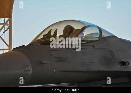 U.S. Air Force Brig. Gen. William Betts, the 378th Air Expeditionary Wing commander, sits in the cockpit of an F-16 Fighting Falcon aircraft prior to a sortie from Prince Sultan Air Base, Kingdom of Saudi Arabia, Oct. 22, 2022. The 77th Expeditionary Fighter Squadron, will replace the outbound 79th Expeditionary Fighter Squadron at Prince Sultan Air Base, and will rapidly integrate into theater air training, as well as joint, coalition and partnered missions, highlighting the Air Force's ability to rapidly deploy and employ forces anywhere around the globe at any moment. (U.S. Air Force photo