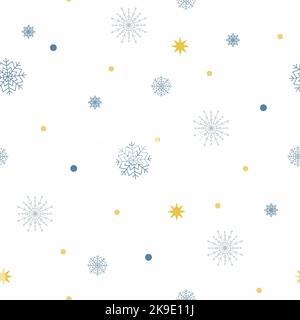 Raster xmas seamless pattern with snowflakes and glitter. Holy Jolly Christmas. Set of snowflakes and gold star, sparkles on white background. Stock Photo