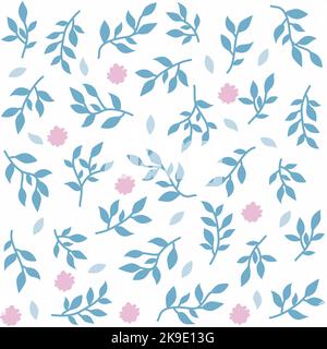 Seamless pattern with Isolated leaves and branches. Light and white foliage on blue background. Stock Photo
