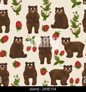 Seamless pattern with Isolated cute textured teddy bears and raspberry brunches. Set of funny animals in different poses on light beige background. Stock Photo