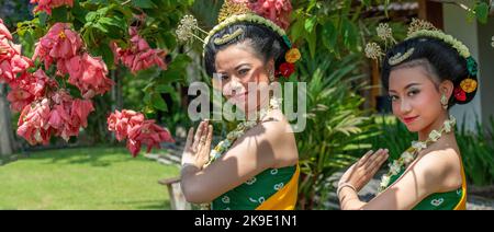 Indonesia, Java, Borobudur. Cultural folkloric dancers in traditional attire. Stock Photo