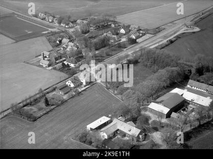 Aerial photo over the station station built in 1875 by LTJ, Lund - Trelleborg Railway Stationshuset, one -story brick, was rebuilt 1940-41. Stock Photo