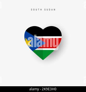 South Sudan heart shaped flag. Origami paper cut South Sudanese national banner. 3D illustration isolated on white with soft shadow. Stock Photo