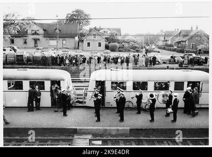 Billesholm station from Last Train's arrival at Billesholm and the last train departure from Billesholm on May 29, 1960. The name was 1943 Billesholm's mine. The station built in 1875 by Lion, Landskrona - Engelholm's railways. The station built in 1876. One -story station house in stone. SJ UBF02 1608 Stock Photo