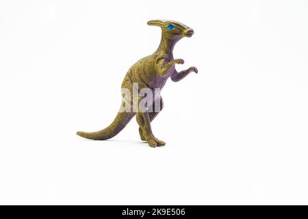 Plastic Parasaurolophus dinosaur toy on white background Stock Photo