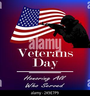 Silhouette of an American soldier on the background of the flag of the United States and the inscription Veterans Day. The concept of veterans day, memorial day. Vector image. Stock Vector
