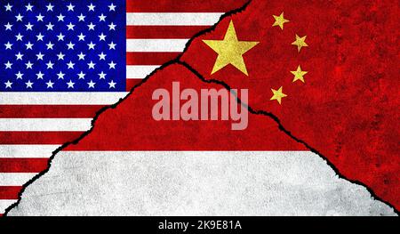 USA, China and Indonesia flag together on wall. Diplomatic relations between United States of America, Indonesia and China Stock Photo