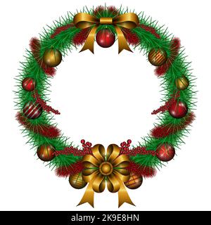 vector illustration Christmas wreath decoration with Fraser fir, bauble, red berry, and gold bouquet ribbon isolated on white background Stock Vector