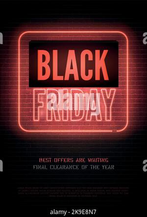 Black Friday discounts realistic vector flyer template. Stylish red sale advert neon light on dark background. Seasonal clearance, luxury store special price offer poster design with copyspace Stock Vector