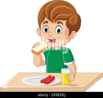 Cartoon boy having breakfast with bread, sausage and orange juice Stock Vector