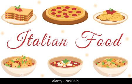 Italian Food Restaurant or Cafeteria with Chef Making Traditional Italy Dishes Pizza in Hand Drawn Cartoon Template Illustration Stock Vector