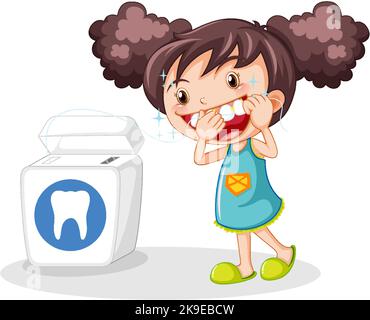 Cute girl cartoon character flossing teeth illustration Stock Vector