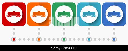 Fuel cistern wagon, train vector icons, infographic template, set of flat design symbols in 5 color options Stock Vector