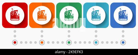 Piano, music vector icons, infographic template, set of flat design symbols in 5 color options Stock Vector