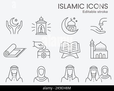 Islamic icons, such as mosque, quran, rug, ramadan and more. Editable stroke. Stock Vector