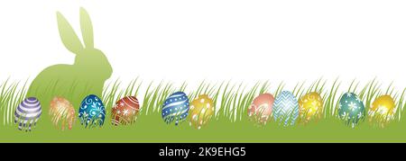 Easter Vector Background Illustration With Grassy Field, An Easter Bunny Silhouette, And Colorful Eggs Isolated On A White Background. Stock Vector