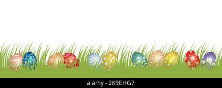 Easter Vector Background Illustration With Grassy Field, An Easter Bunny Silhouette, And Colorful Eggs Isolated On A White Background. Stock Vector