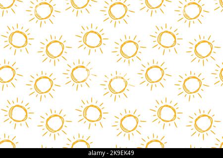 Hand drawn doodle suns seamless pattern. Children drawing of yellow sun. Baby summer simple texture. Vector illustration in white background Stock Vector