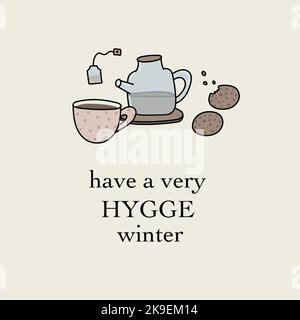 have a very hygge winter. tea coffee cookies Stock Vector