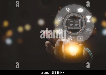 Education technology Internet Webinar online icon virtual screen concept. Stock Photo
