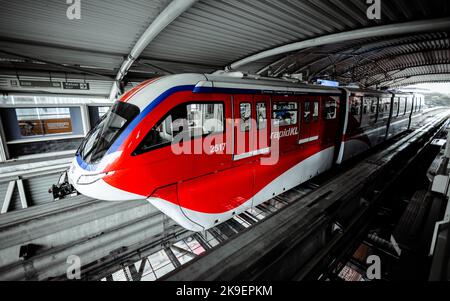 Kuala Lumpur, Malaysia - August 21, 2022: The Monorail train at the platform of the Bukit Bintang train station. The KL Monorail line operated as part Stock Photo