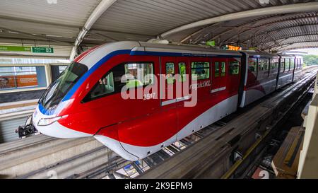 Kuala Lumpur, Malaysia - August 21, 2022: The Monorail train at the platform of the Bukit Bintang train station. The KL Monorail line operated as part Stock Photo