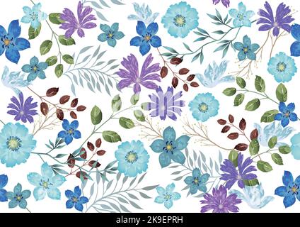 Watercolor seamless floral pattern, vector illustration. Horizontally and vertically repeatable. Stock Vector